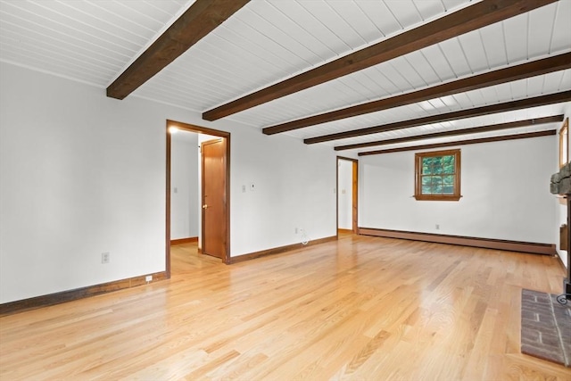 27 Albion Ln, West Newbury, MA 01985 - unfurnished living room with beam ceiling, light wood-type flooring, and a baseboard heating unit