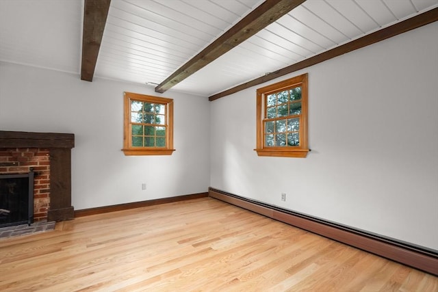 27 Albion Ln, West Newbury, MA 01985 - unfurnished living room with a baseboard radiator, wood finished floors, a fireplace, and a wood ceiling with exposed beams