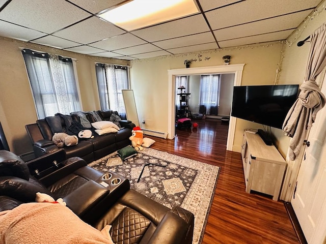 32 Ames St, Worcester, MA 01604 - living area with a drop ceiling, wood finished floors, and a baseboard radiator