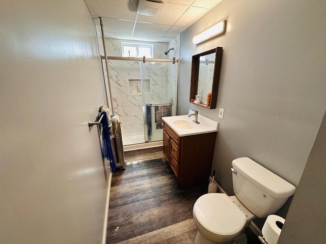 32 Ames St, Worcester, MA 01604 - bathroom with vanity, a marble finish shower, wood finished floors, and a drop ceiling