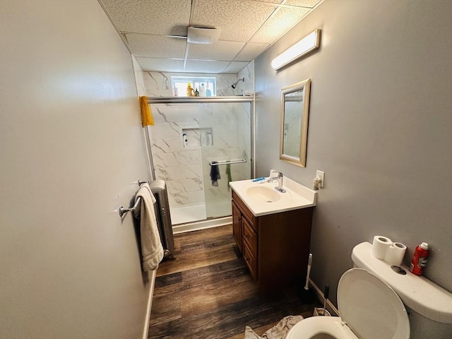 32 Ames St, Worcester, MA 01604 - full bath featuring vanity, a marble finish shower, a paneled ceiling, and wood finished floors