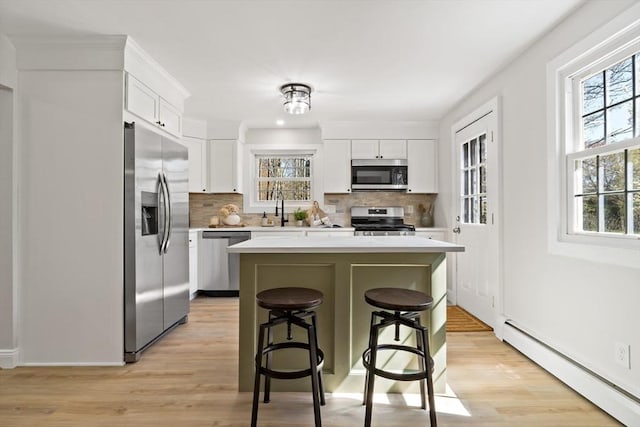 kitchen featuring stainless steel appliances, decorative backsplash, a healthy amount of sunlight, and a baseboard radiator