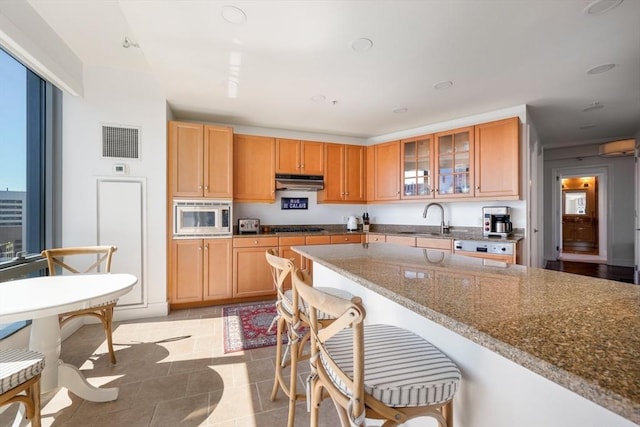 kitchen featuring under cabinet range hood, visible vents, a sink, stainless steel microwave, and a kitchen bar