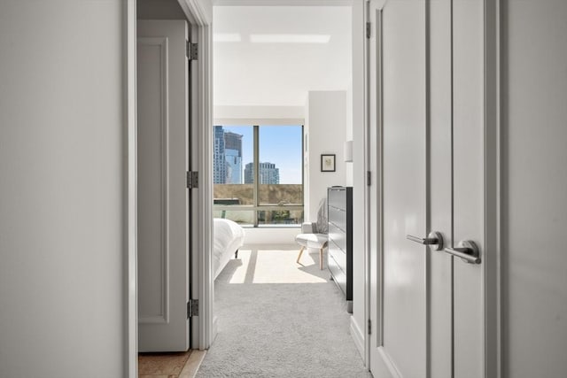 corridor featuring a city view and carpet