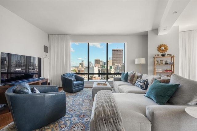 living room featuring a view of city
