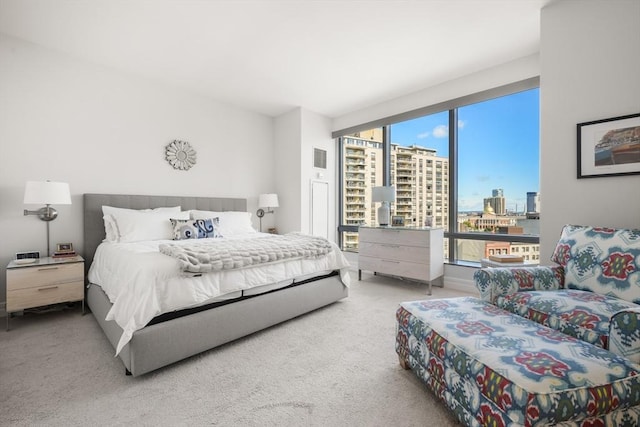 carpeted bedroom featuring a view of city