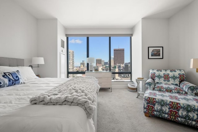 bedroom with visible vents, carpet floors, and a view of city