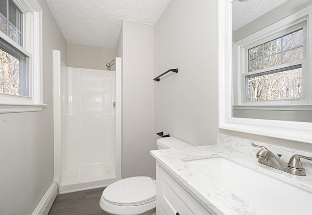 bathroom featuring hardwood / wood-style floors, vanity, a shower, toilet, and a textured ceiling