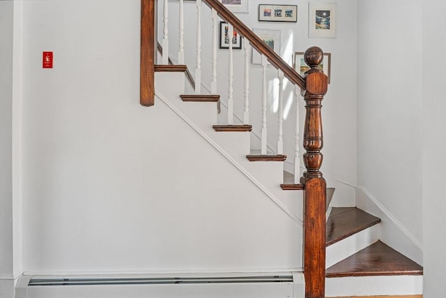 stairs with a baseboard heating unit