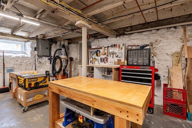 below grade area featuring a workshop area and electric panel