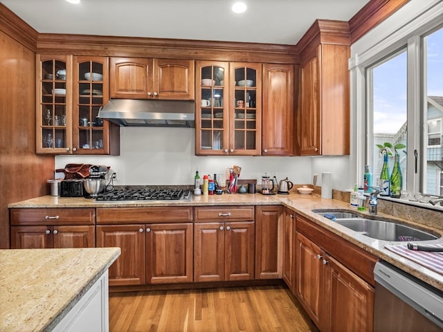 kitchen with light stone counters, sink, appliances with stainless steel finishes, and light hardwood / wood-style floors