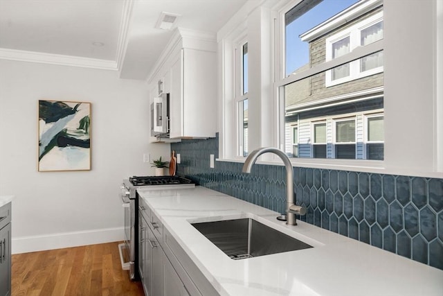 37-39 Governor Winthrop Rd, Somerville, MA 02145 - kitchen with crown molding, a sink, stainless steel appliances, tasteful backsplash, and visible vents