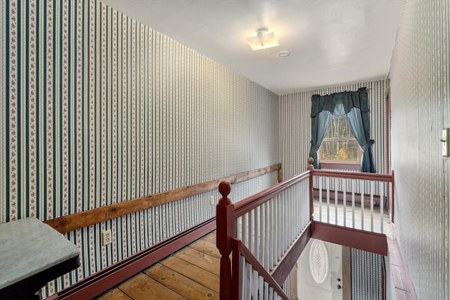 stairs with wallpapered walls