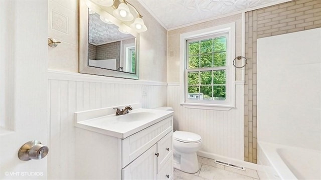 4 Gary Rd, Norton, MA 02766 - full bathroom featuring toilet, crown molding, vanity, wainscoting, and tile patterned floors