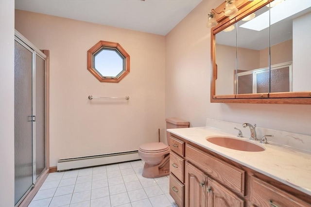 bathroom with a baseboard radiator, tile patterned flooring, toilet, vanity, and a shower with shower door