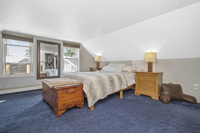 carpeted bedroom with a baseboard heating unit, vaulted ceiling, cooling unit, and a textured ceiling