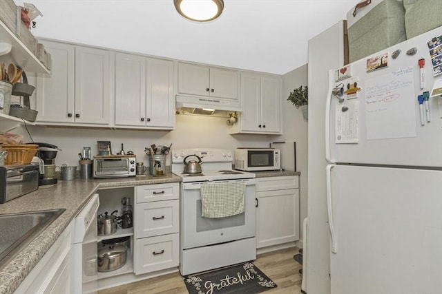 kitchen with white appliances, light wood-style flooring, under cabinet range hood, and a sink