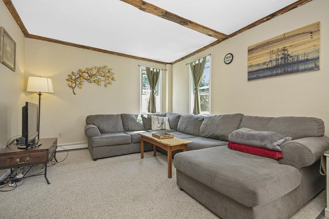 living room featuring beam ceiling, baseboards, and a baseboard radiator