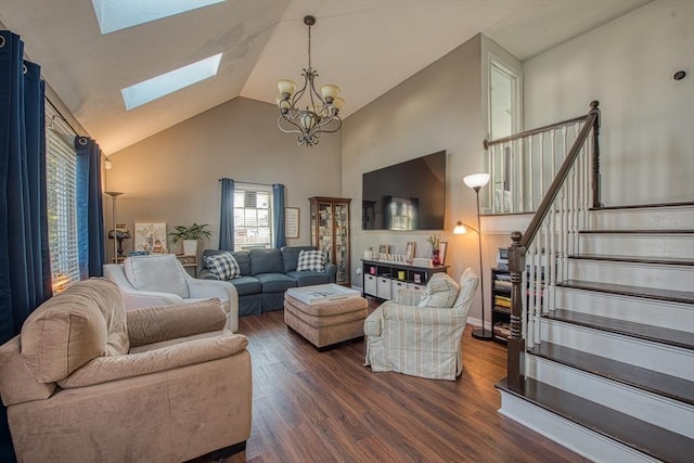 living area with high vaulted ceiling, an inviting chandelier, a skylight, stairs, and dark wood-type flooring