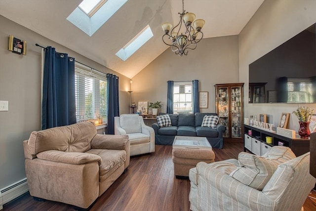 living area featuring high vaulted ceiling, dark wood finished floors, an inviting chandelier, a skylight, and a baseboard radiator