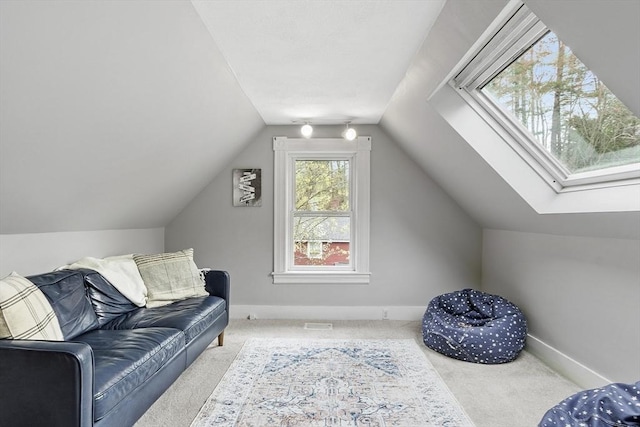 additional living space featuring baseboards, carpet, lofted ceiling, and visible vents
