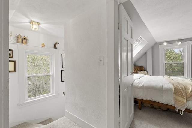 carpeted bedroom with a textured wall and lofted ceiling