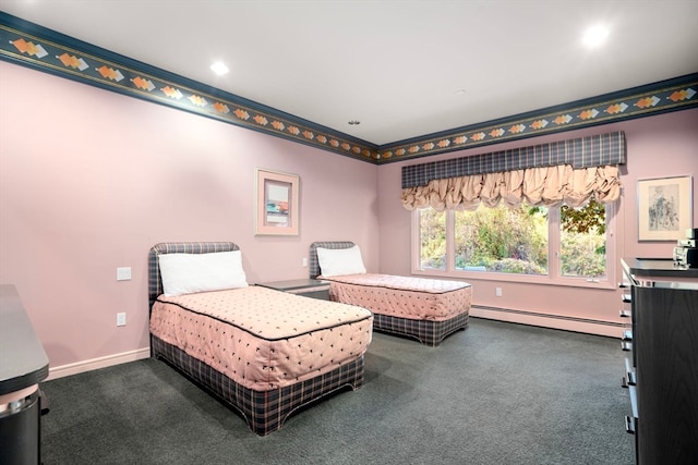 carpeted bedroom featuring a baseboard radiator