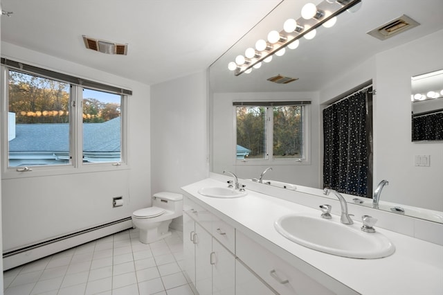 bathroom with vanity, toilet, a healthy amount of sunlight, and a baseboard radiator