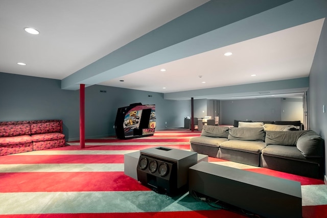 home theater room featuring carpet flooring