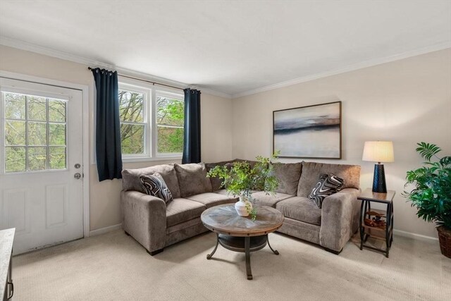 living area featuring baseboards, ornamental molding, and light colored carpet