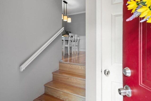 stairway with ornamental molding and wood finished floors
