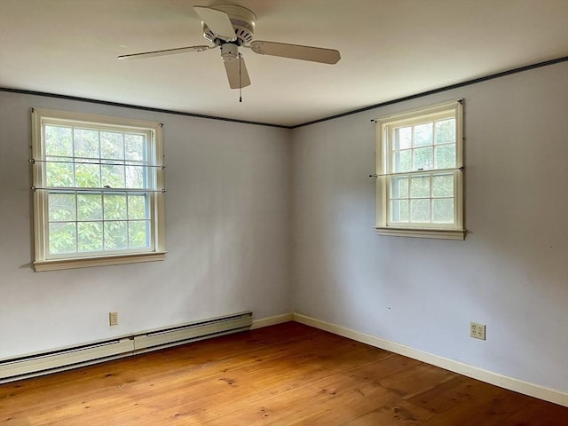 unfurnished room featuring ceiling fan, a baseboard radiator, and light wood-type flooring