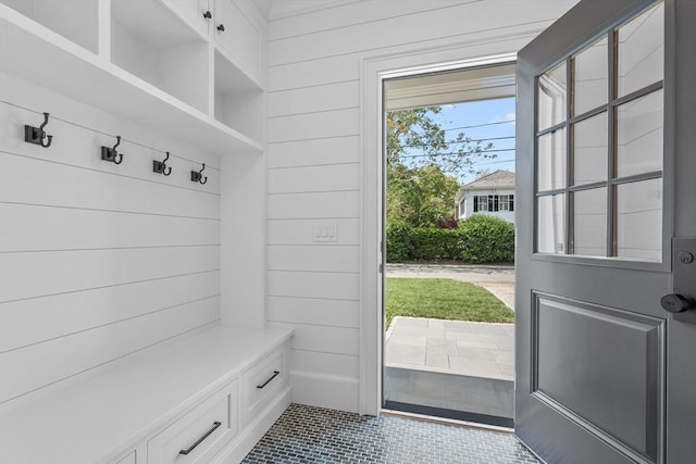 287 Cedar St, Chatham, MA 02633 - mudroom with tile patterned floors and wood walls