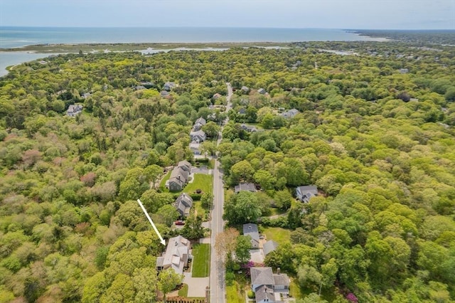 287 Cedar St, Chatham, MA 02633 - aerial overview of property's location featuring a nearby body of water, a heavily wooded area, and property boundaries highlighted