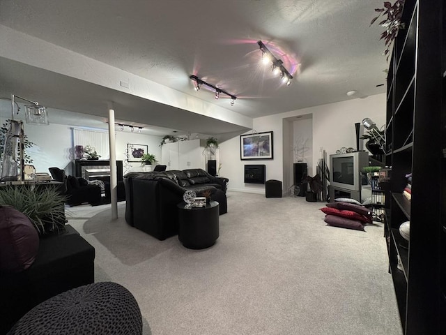 living room with carpet floors and track lighting