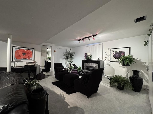 carpeted living room featuring track lighting and a fireplace