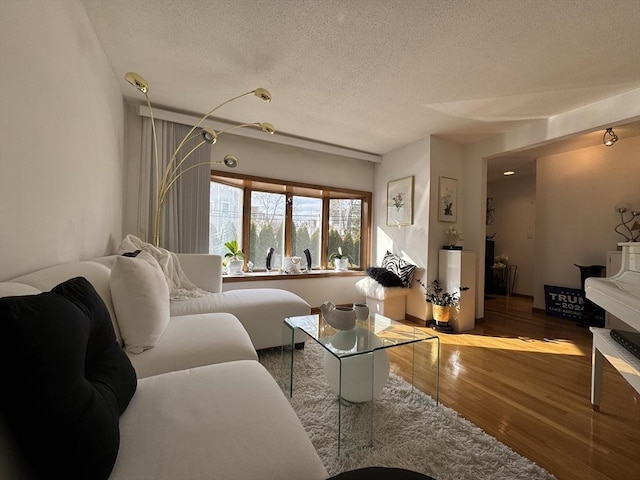 living room with hardwood / wood-style flooring and a textured ceiling