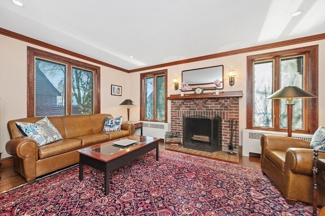 living room with radiator, a fireplace, crown molding, and wood finished floors