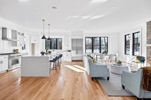 living room with a healthy amount of sunlight, crown molding, and light hardwood / wood-style floors