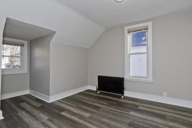 additional living space with a textured ceiling, dark wood-type flooring, radiator, and vaulted ceiling