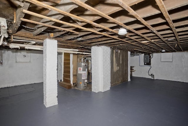 basement with electric panel and water heater