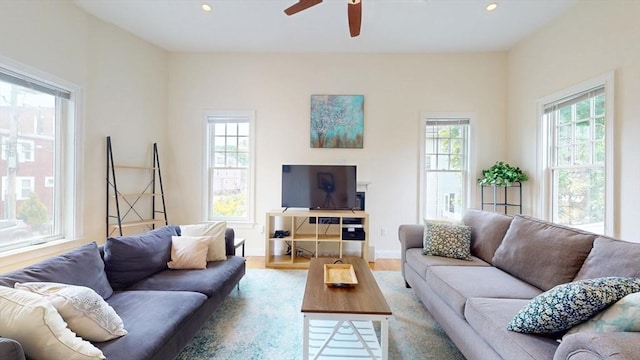 10 Bradbury St Unit 10, Boston, MA 02134 - living room featuring a ceiling fan, wood finished floors, and recessed lighting