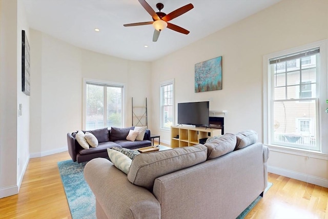 10 Bradbury St Unit 10, Boston, MA 02134 - living area featuring light wood-style flooring, baseboards, a ceiling fan, and recessed lighting