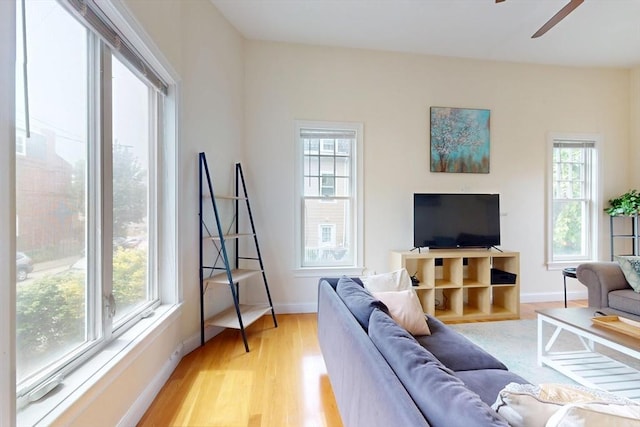 10 Bradbury St Unit 10, Boston, MA 02134 - living area featuring light wood-type flooring, baseboards, and a ceiling fan