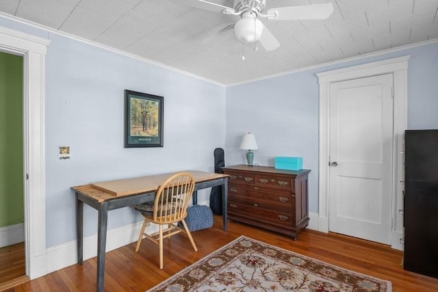 52 Locust St, Lynn, MA 01904 - office area featuring crown molding, a ceiling fan, and wood finished floors