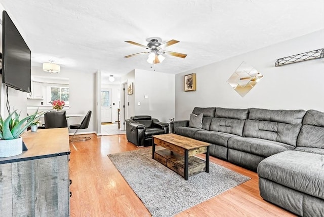 living room with ceiling fan and light hardwood / wood-style floors