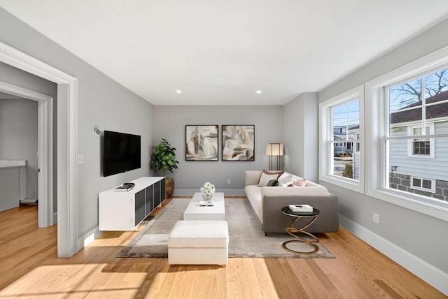 living room with light hardwood / wood-style flooring