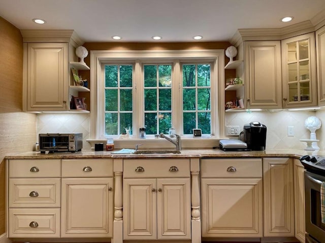 4 Hickory Ln, North Reading, MA 01864 - kitchen with open shelves, cream cabinets, stainless steel electric range oven, decorative backsplash, and recessed lighting
