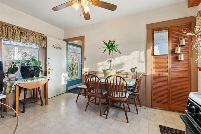 dining area with a wealth of natural light and ceiling fan