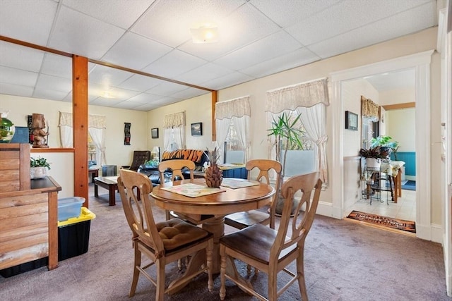 carpeted dining area with a paneled ceiling